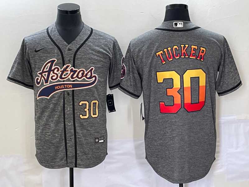 Mens Houston Astros #30 Kyle Tucker Number Grey Gridiron Cool Base Stitched Baseball Jersey
